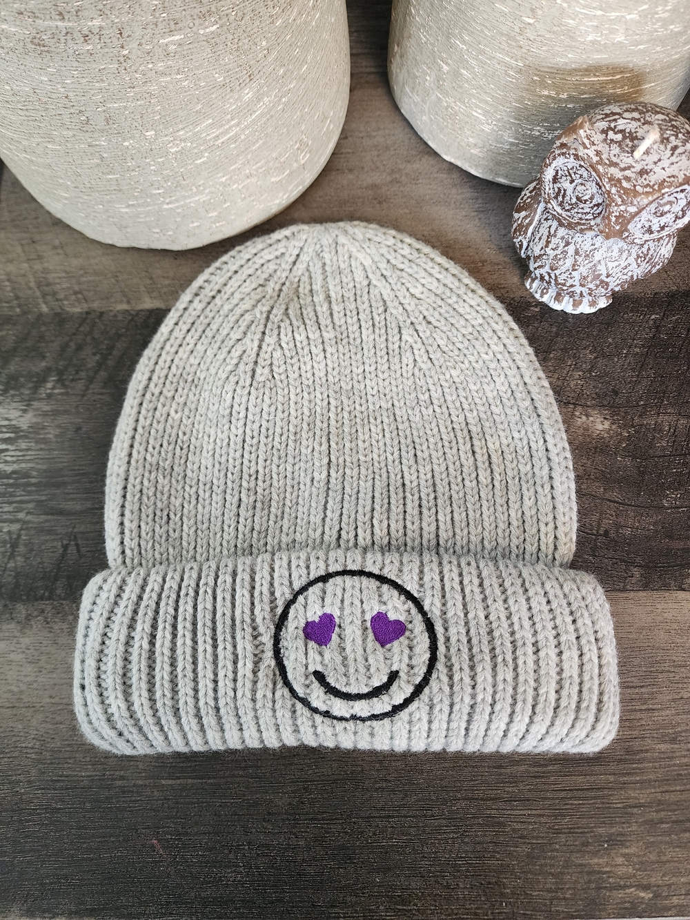 Nordstrom  Ribbed Beanie with Heart-Eye Smile - Gray & Purple  NWT